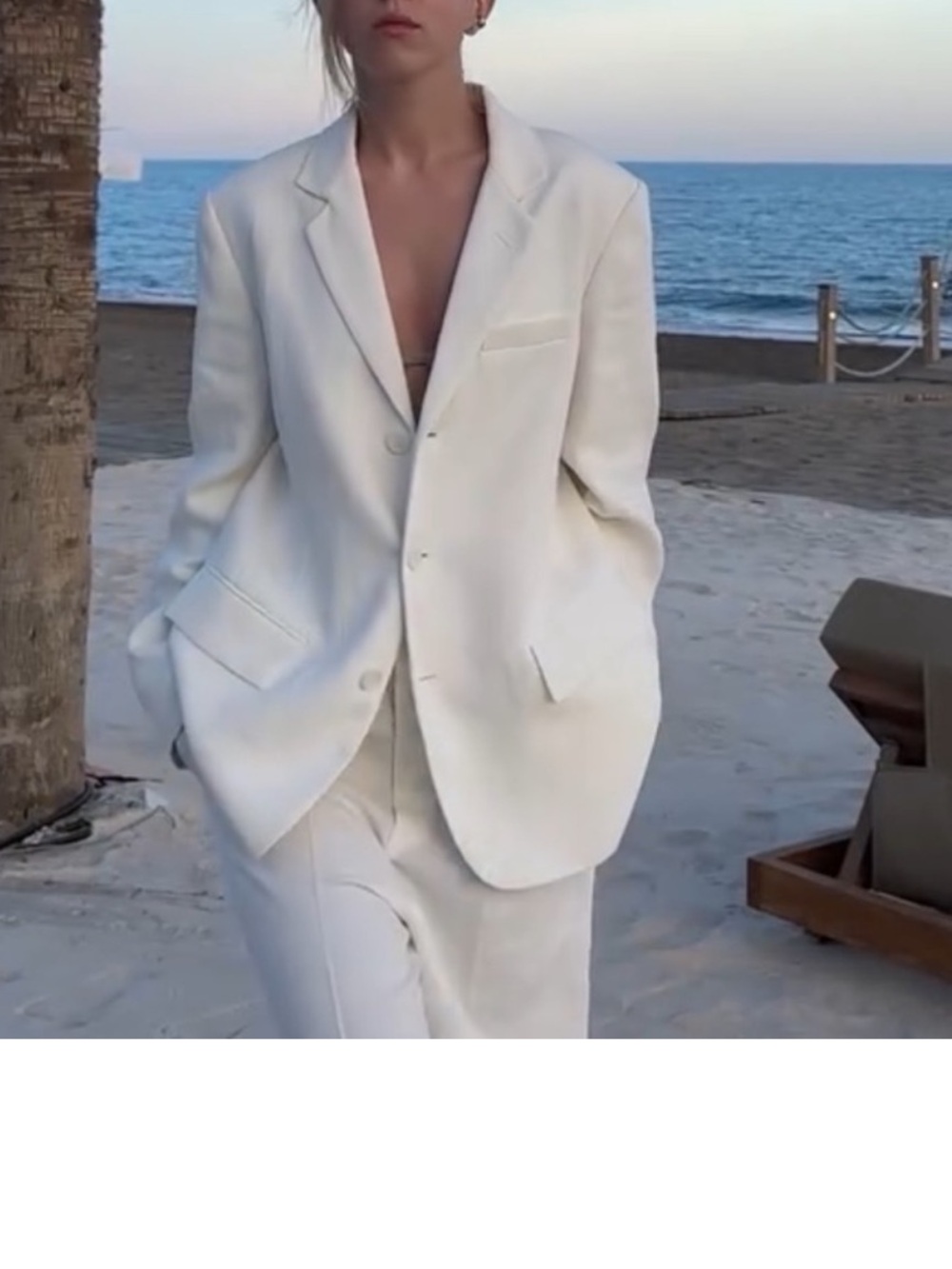 Zara Ecru Linen-Blend Single-Breasted Blazer